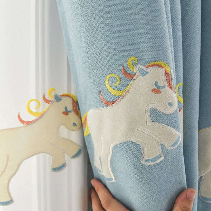 Rémy Unicorn Embroidered Curtains for Kids Bedroom - Blue