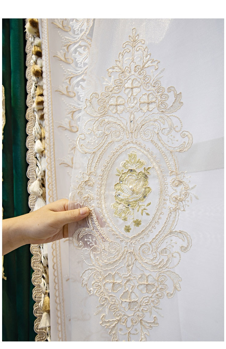 Mila Luxury Lace Border Luxury Velvet Curtain - Green & Beige,Velvet Curtains,Discover Curtains
