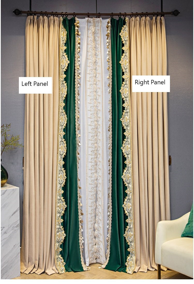 Mila Luxury Lace Border Luxury Velvet Curtain - Green & Beige,Velvet Curtains,Discover Curtains