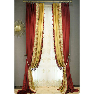 Annapolis French Designer Velvet Fringe Curtain - Red and Yellow