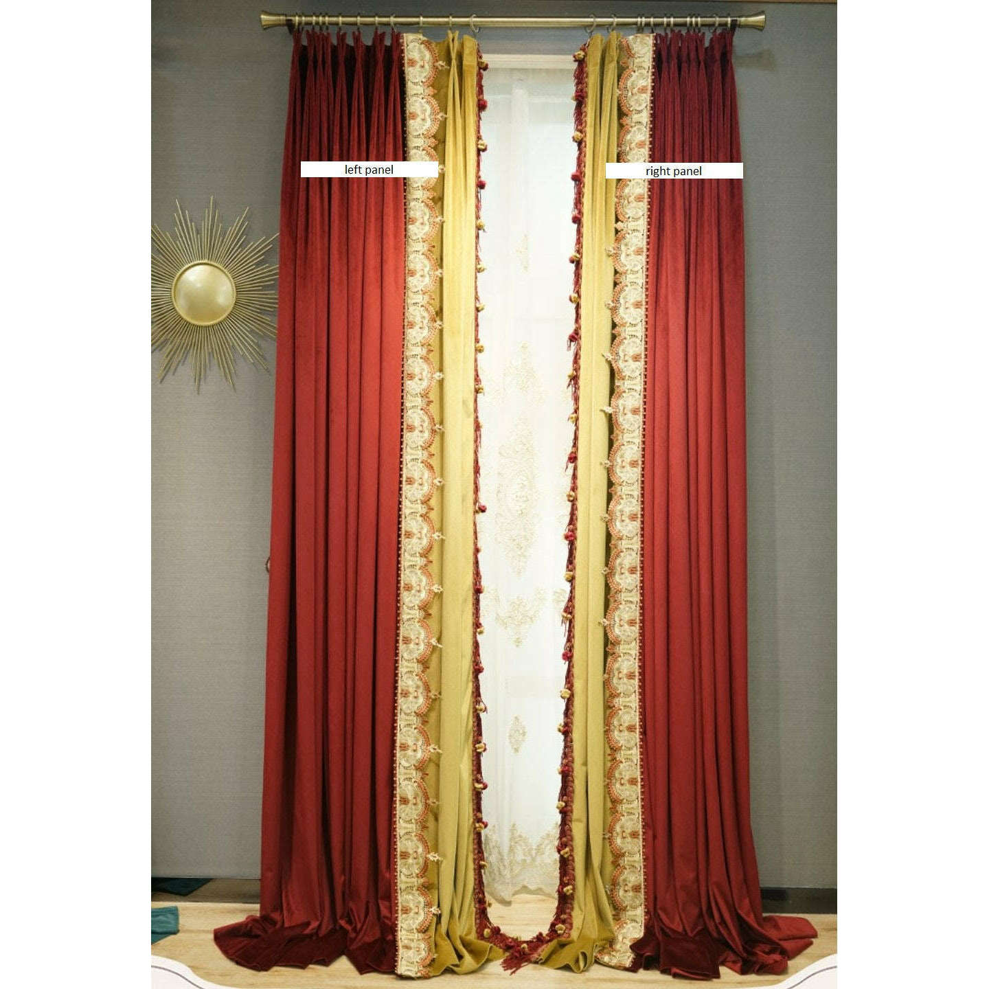 Annapolis French Designer Velvet Fringe Curtain - Red and Yellow