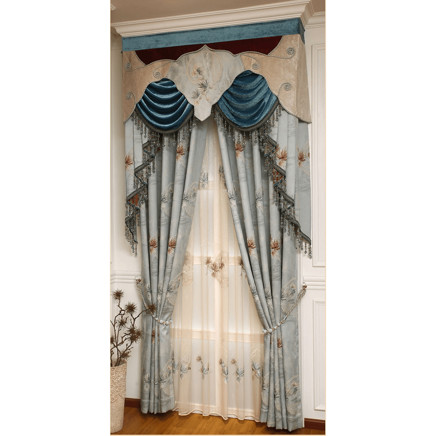 Annapolis Luxury Valance - Floral Blue with Lace