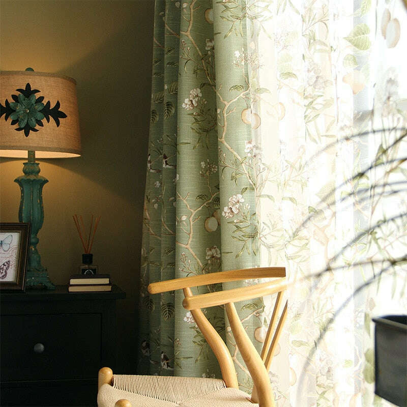 Astor Rideaux American Country Garden Birds Print Semi - Shading Curtains - Green