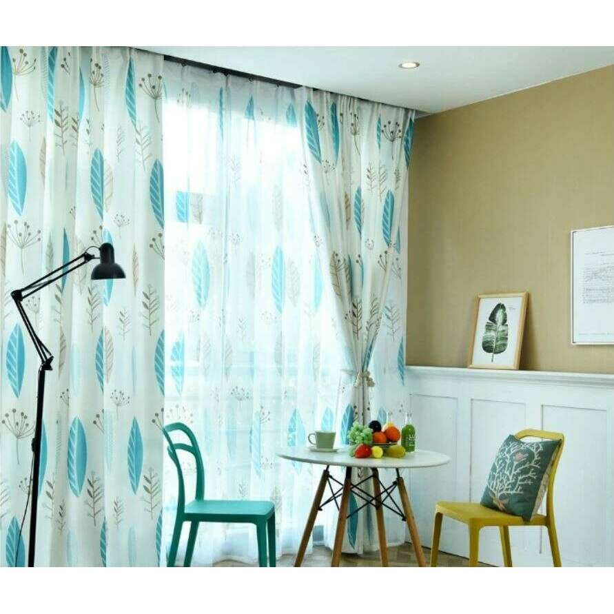 Astor Rideaux Blue Leaves Printed Semi-Shading Curtain