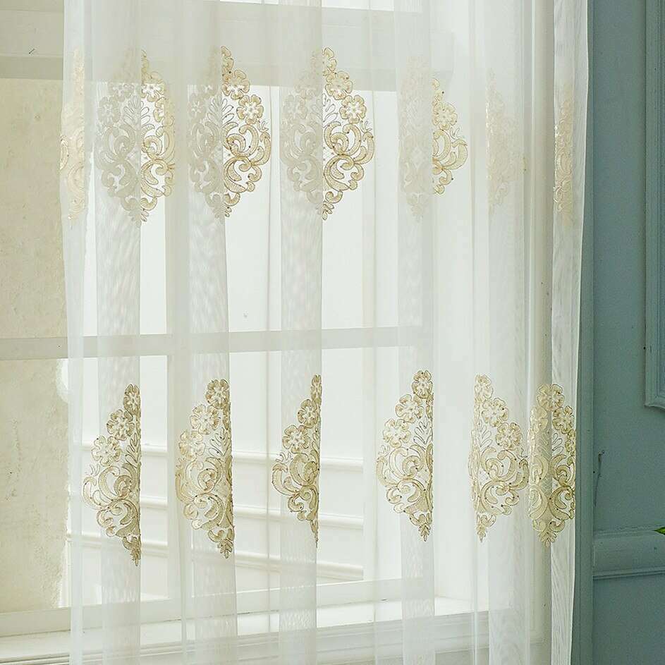 Brittany Gold Floral Embroidery Sheer Curtain