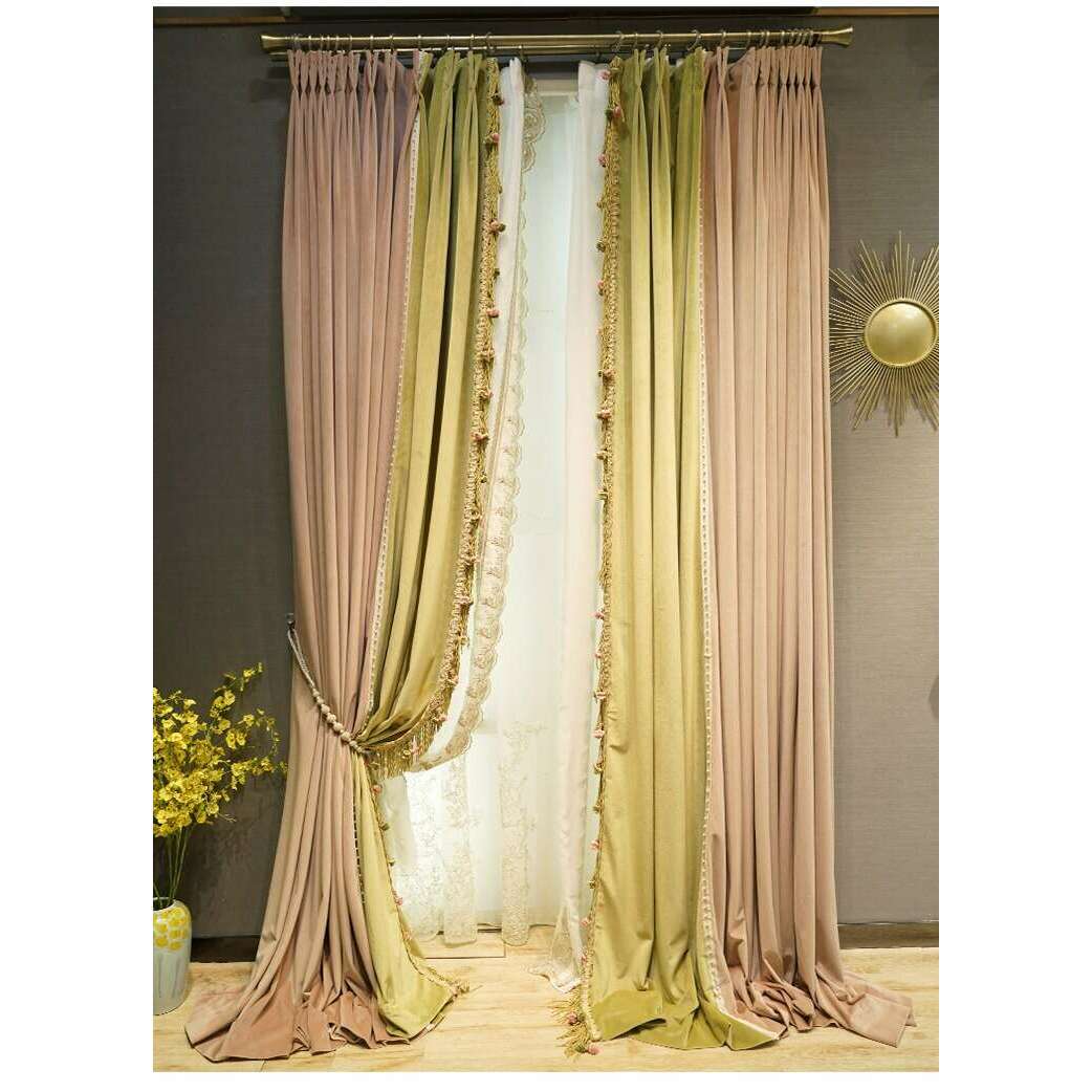 Brittany Luxury Princess Designer Velvet Curtain - Pink & Yellow