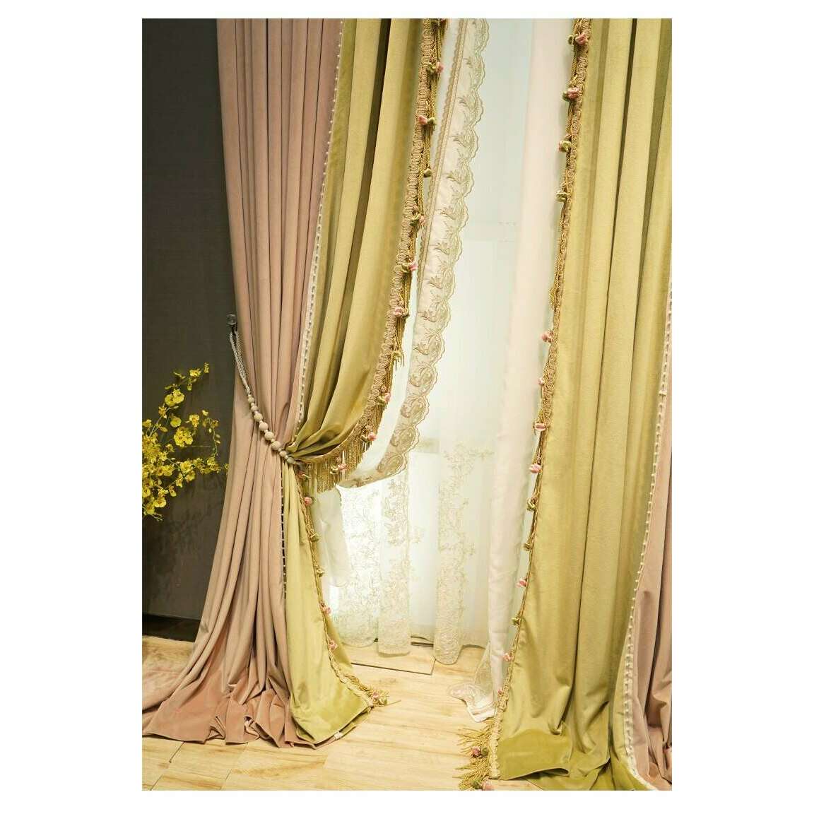 Brittany Luxury Princess Designer Velvet Curtain - Pink & Yellow