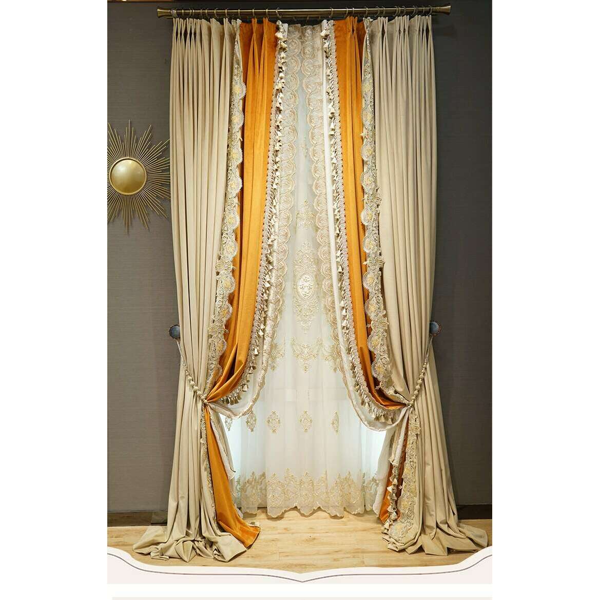 Brittany Luxury Royal Lace Designer Velvet Curtain - Beige & Orange