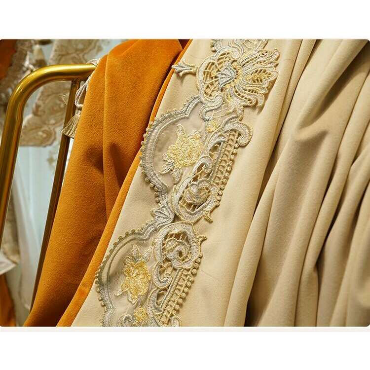 Brittany Luxury Royal Lace Designer Velvet Curtain - Beige & Orange