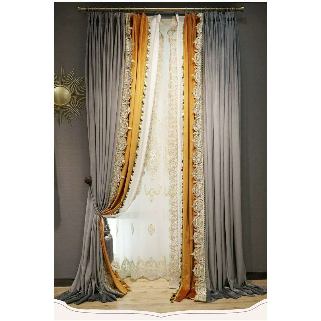 Brittany Luxury Royal Lace Designer Velvet Curtain - Gray & Orange