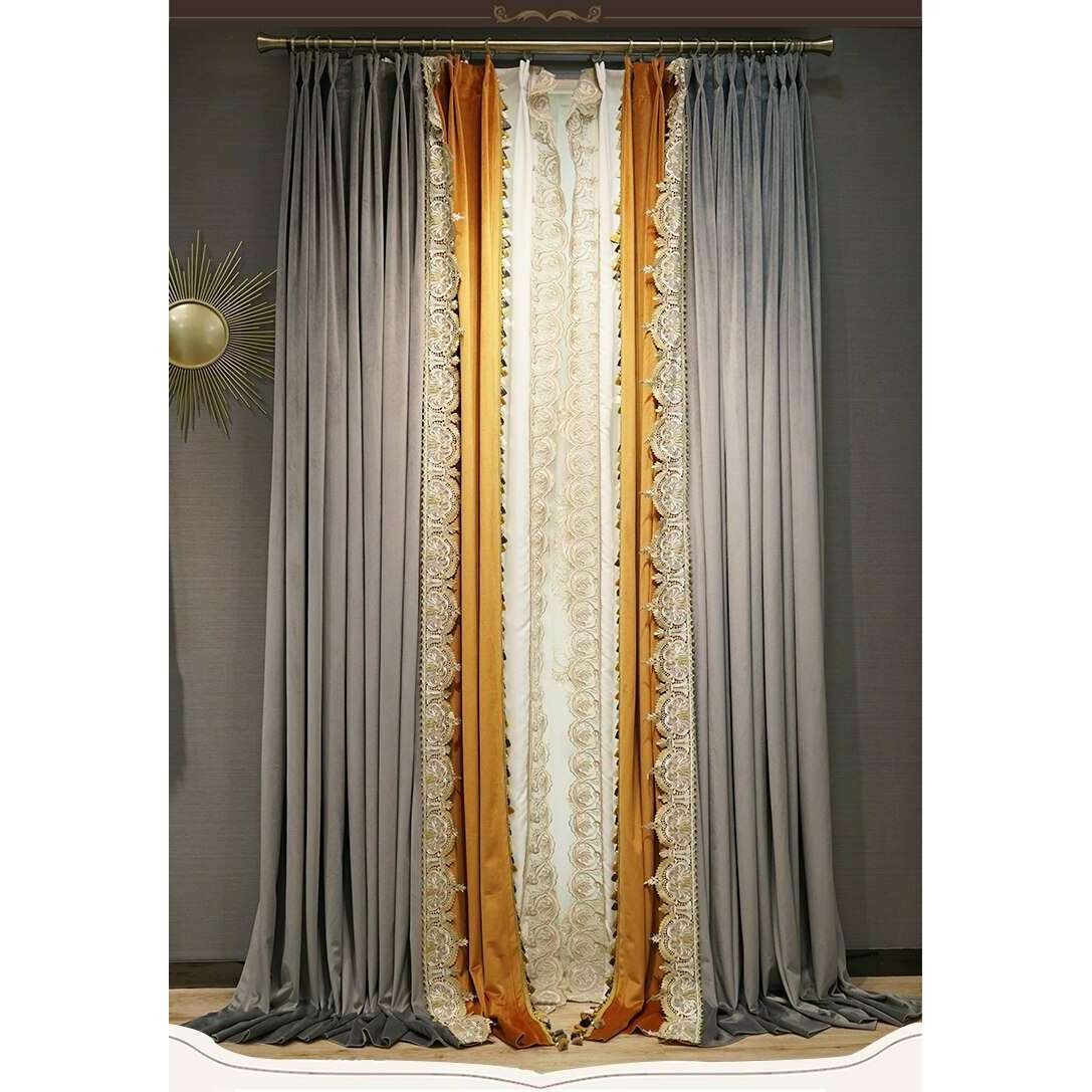 Brittany Luxury Royal Lace Designer Velvet Curtain - Gray & Orange