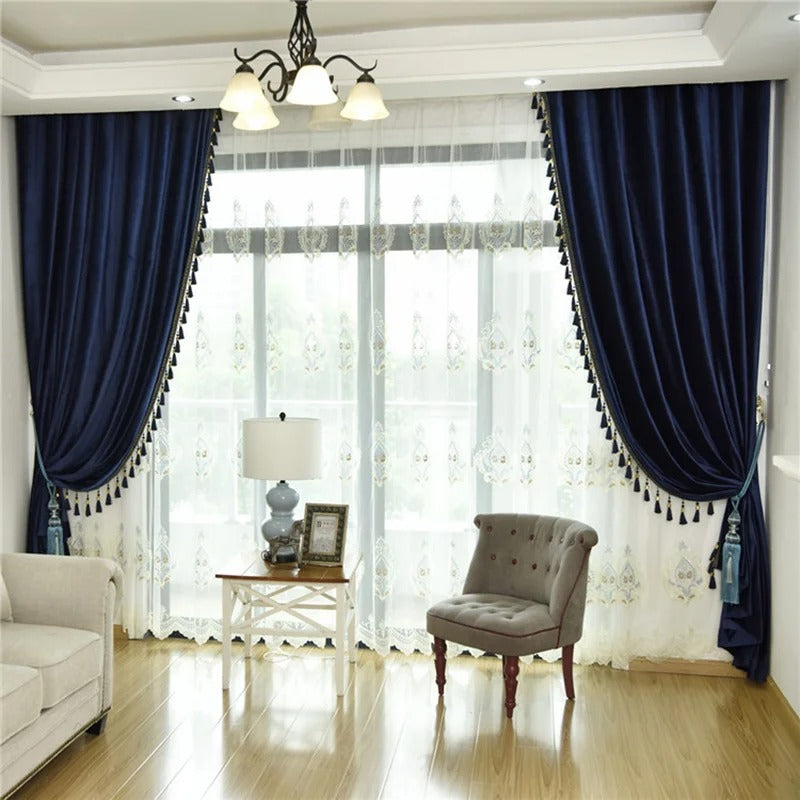 Mila Classic Velvet Curtain With Tassel Lace - Midnight Blue