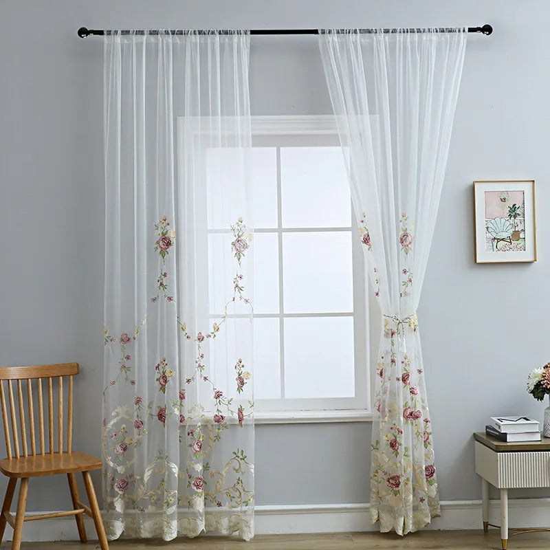 Rémy luxury pink floral embroidered sheer curtains - White