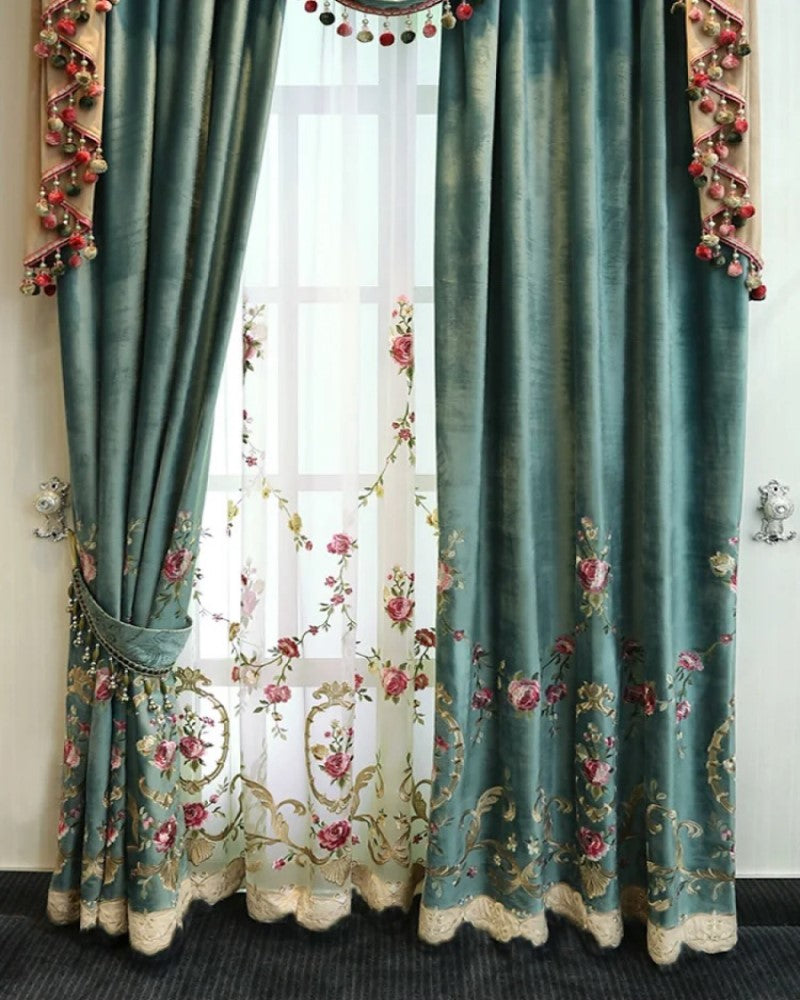 Rémy Luxury Green Velvet Embroidered Curtains