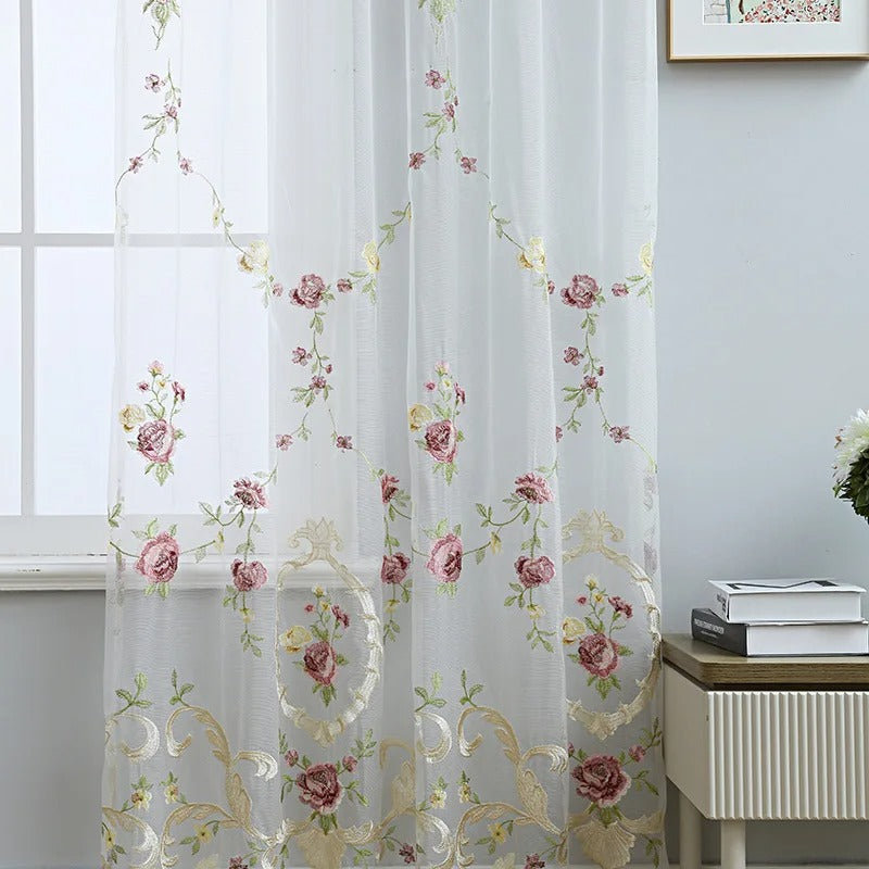 Rémy luxury pink floral embroidered sheer curtains - White