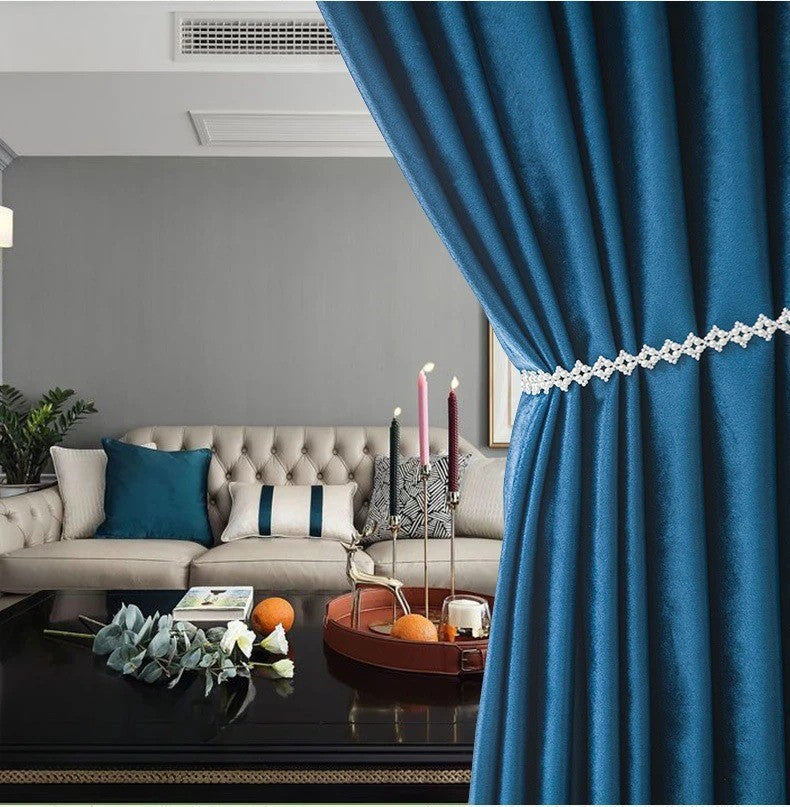 Mila Luxury Plain Italian Velvet Curtain - Blue