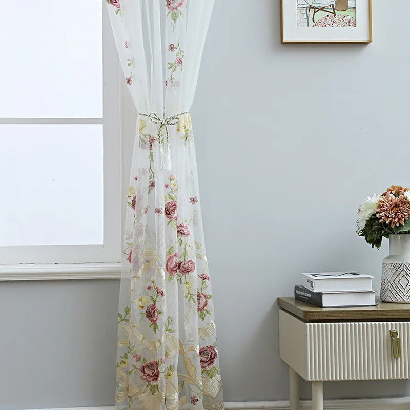 Rémy luxury pink floral embroidered sheer curtains - White