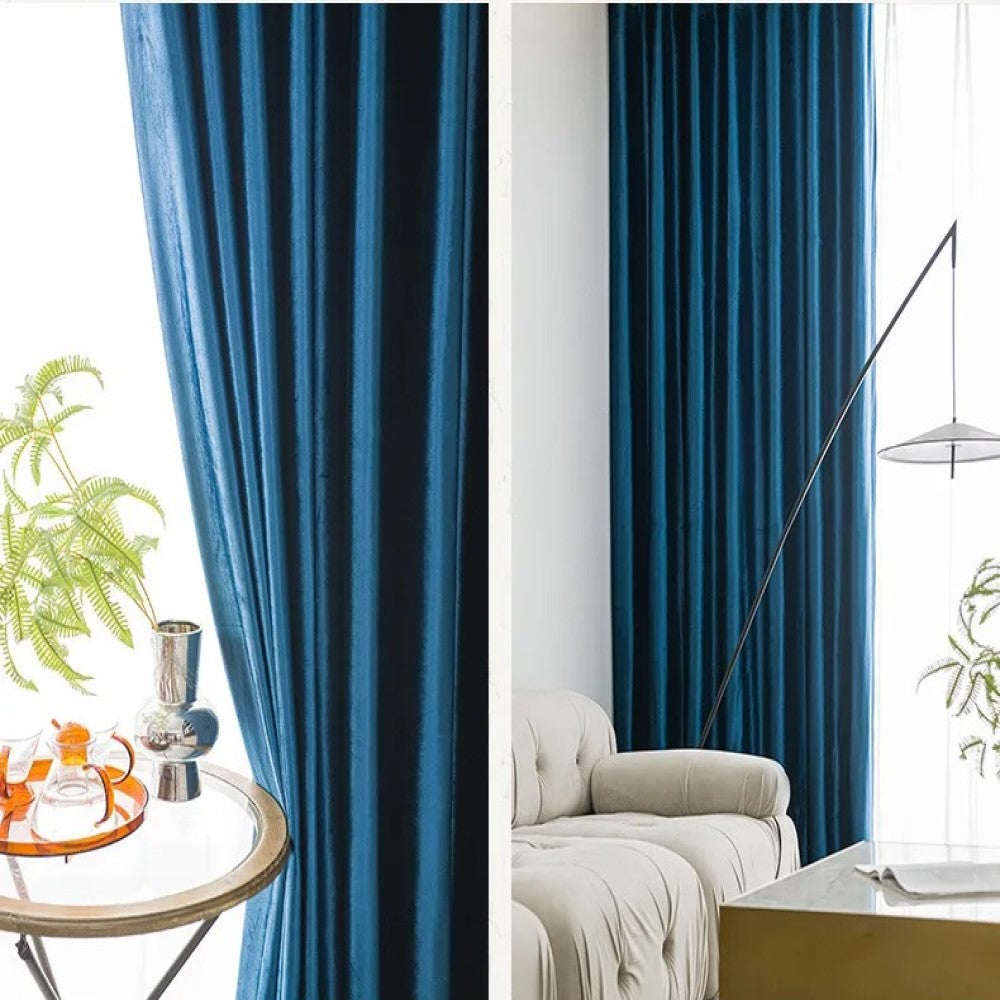 Mila Luxury Plain Italian Velvet Curtain - Blue