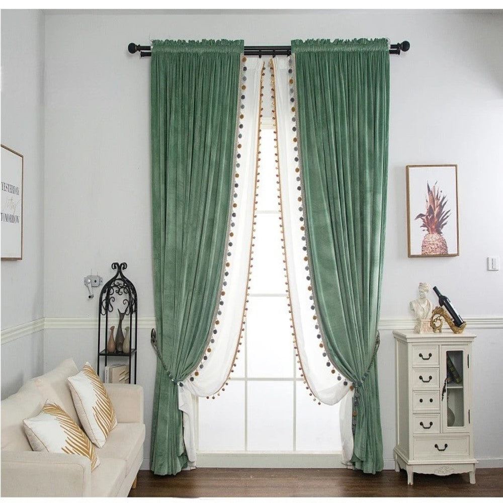Rémy Luxury European Pompom Lace Velvet Curtains - Sea Green