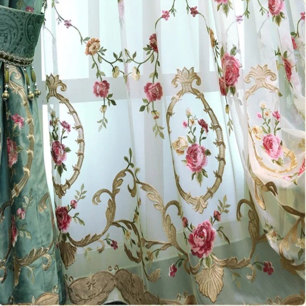 Rémy luxury pink floral embroidered sheer curtains - White