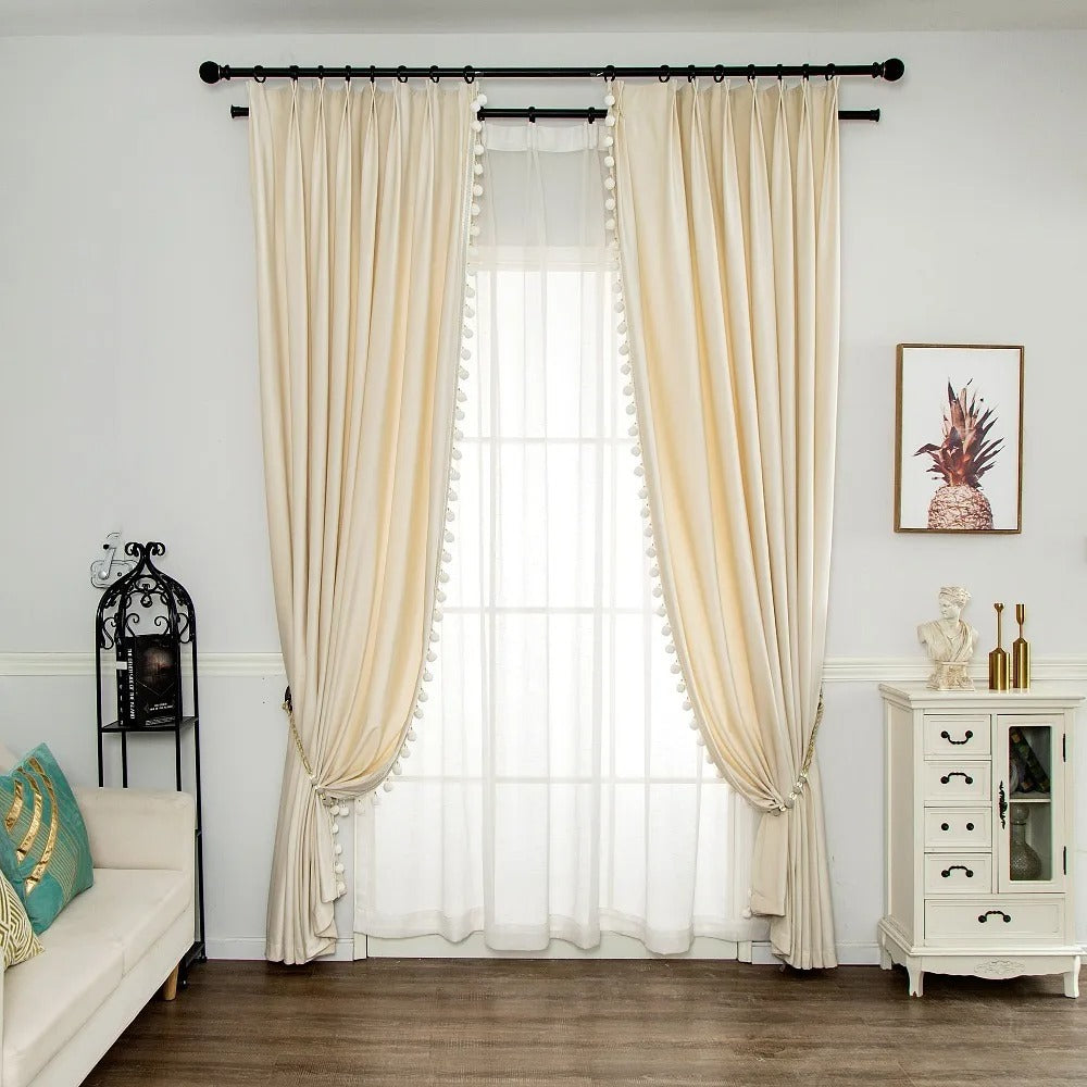Rémy Luxury European Pompom Lace Velvet Curtains - Ivory