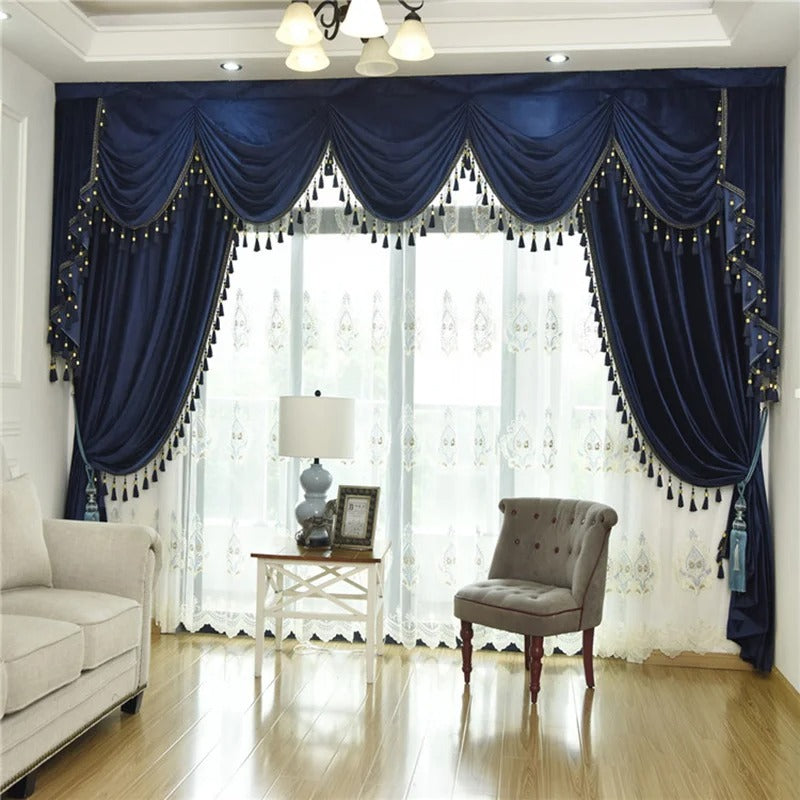 Mila Classic Velvet Curtain With Tassel Lace - Midnight Blue