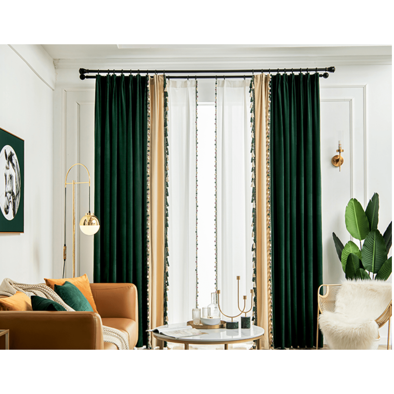 Ethan American Spliced Luxury Velvet Curtains: Green-Pearl