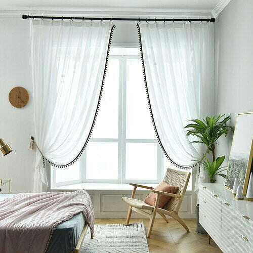 Ethan American Sheer Curtain With Pompom Lace - White,Sheer Curtains,Discover Curtains