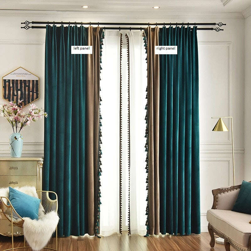 Ethan American Spliced Luxury Velvet Curtains: Peacock Green-Cedar Gray