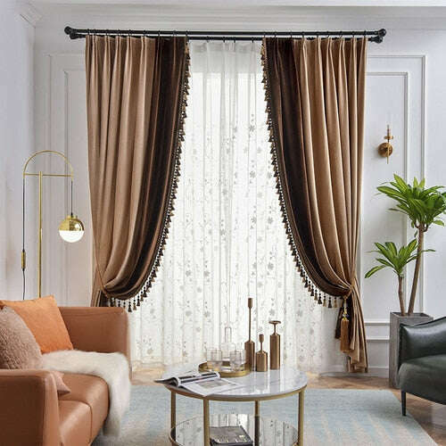 Ethan American Spliced Luxury Velvet Curtains: Taupe-Brown