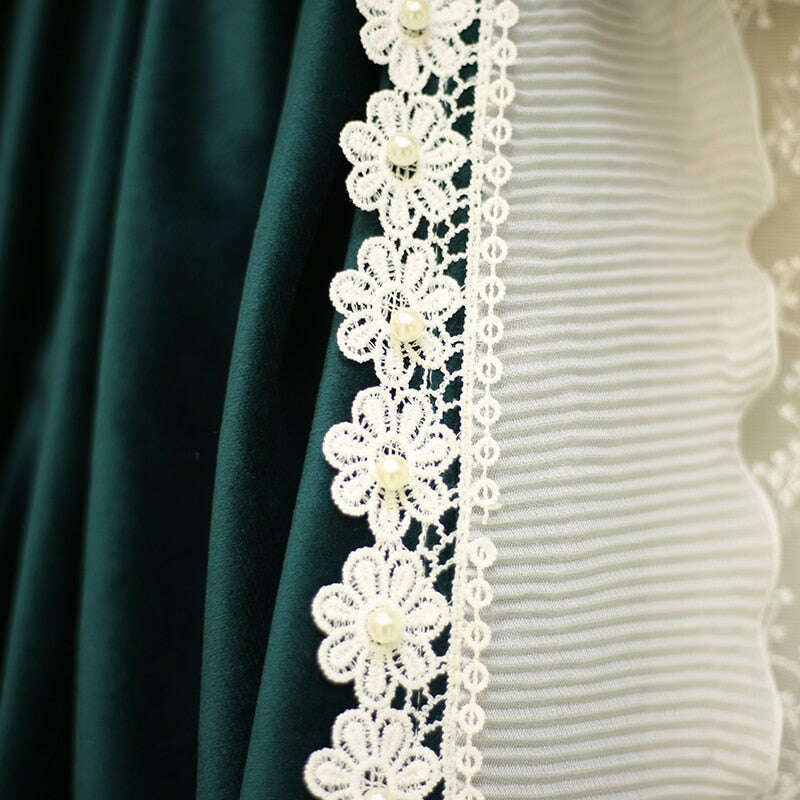 Ethan Floral Lace Velvet Luxury Curtain - Dark Green