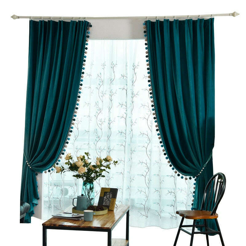 Ethan Luxury Plush Velvet Curtain with Pompom Lace - Teal