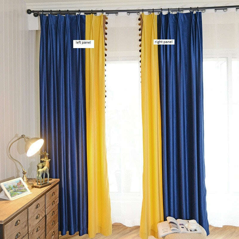 Ethan Spliced Luxury Velvet Curtain - Blue and Yellow