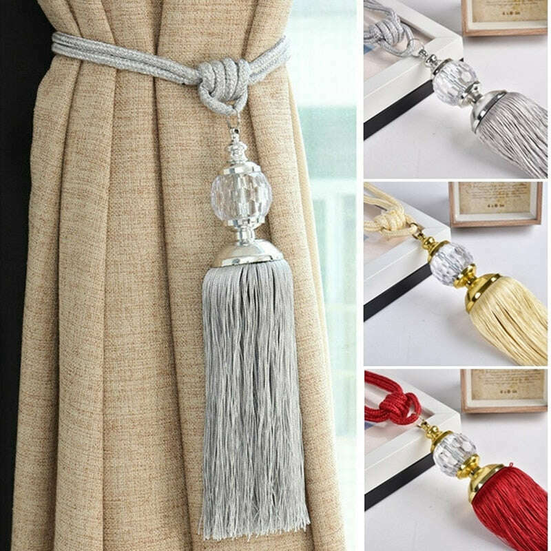 12" Faceted Glass Crystal Tassel Curtain Tieback SCTB-16/50-2 Silver & Cream