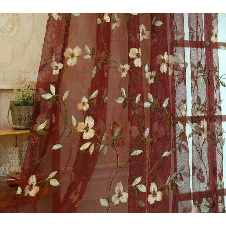 Jason Floral Embroidered Sheer Curtain - Red / Teal / White