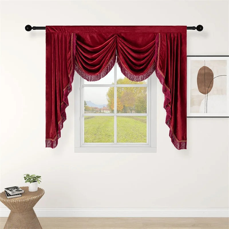 Mila Classic Plain Velvet  With Fringe Lace Valance - Red