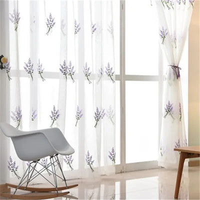 Mila Lavender Floral Embroidery Sheer Curtain - White / Purple