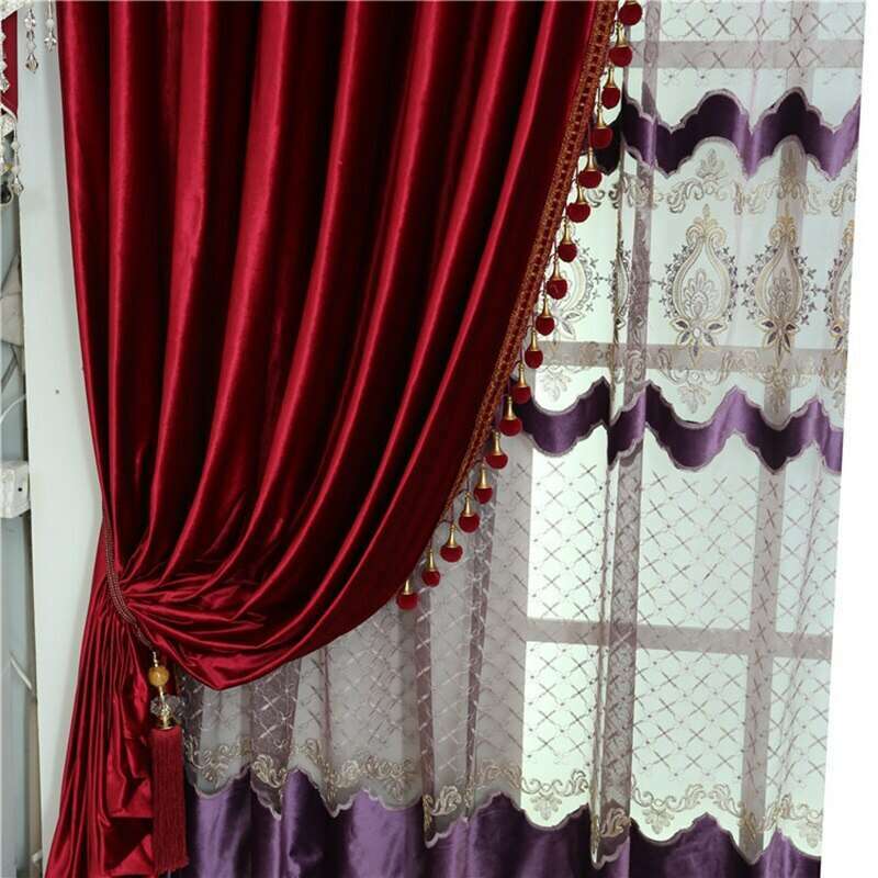 Mila Classic Plain Velvet Curtain With Pompom lace - Barn Red