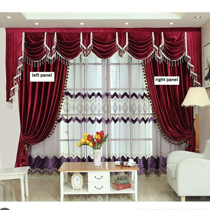 Mila Classic Plain Velvet Curtain With Pompom lace - Barn Red