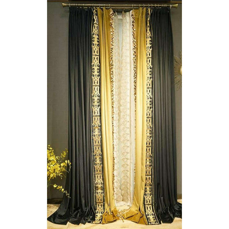 Mila Luxury Retro Velvet Designer Curtains - Black and Yellow