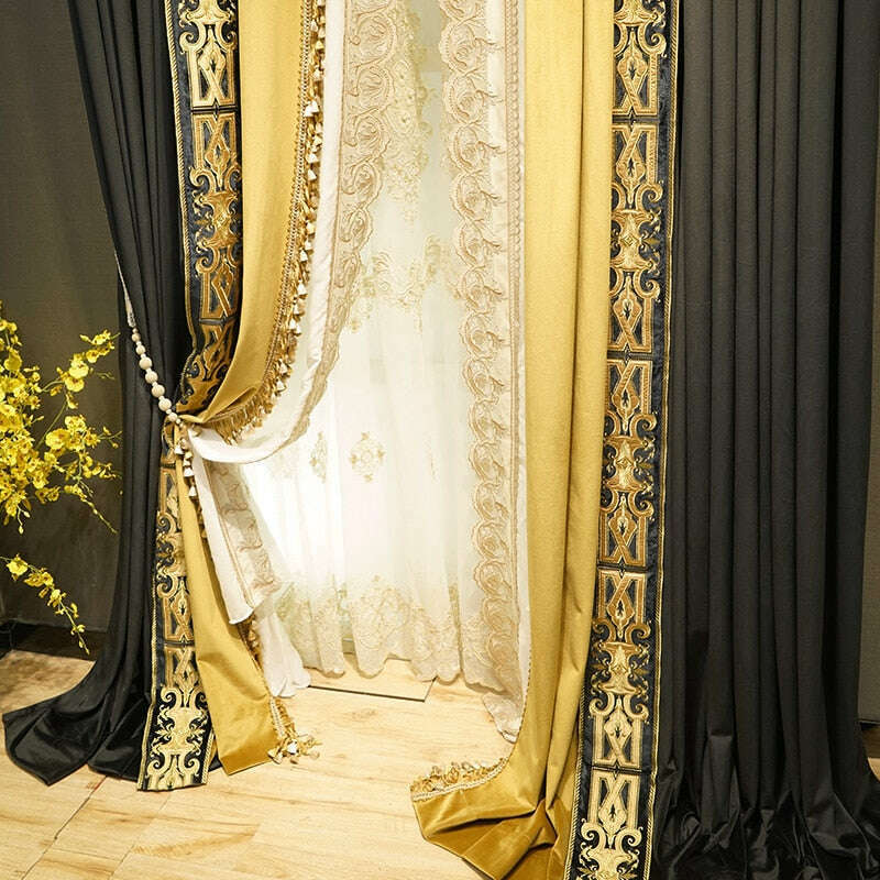 Mila Luxury Retro Velvet Designer Curtains - Black and Yellow