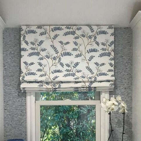 Napa Roman Blinds - Blue Leaves Print On White