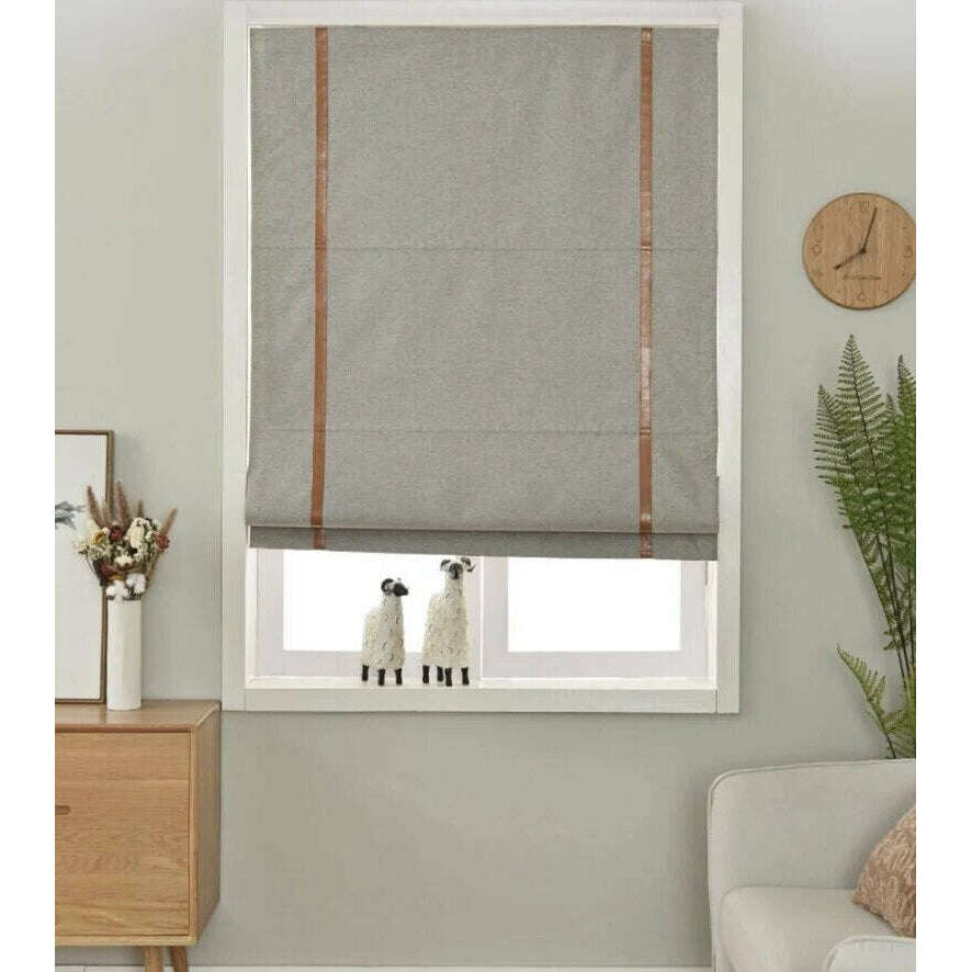Napa Roman Blinds - Gray With Tan Leather Stripe