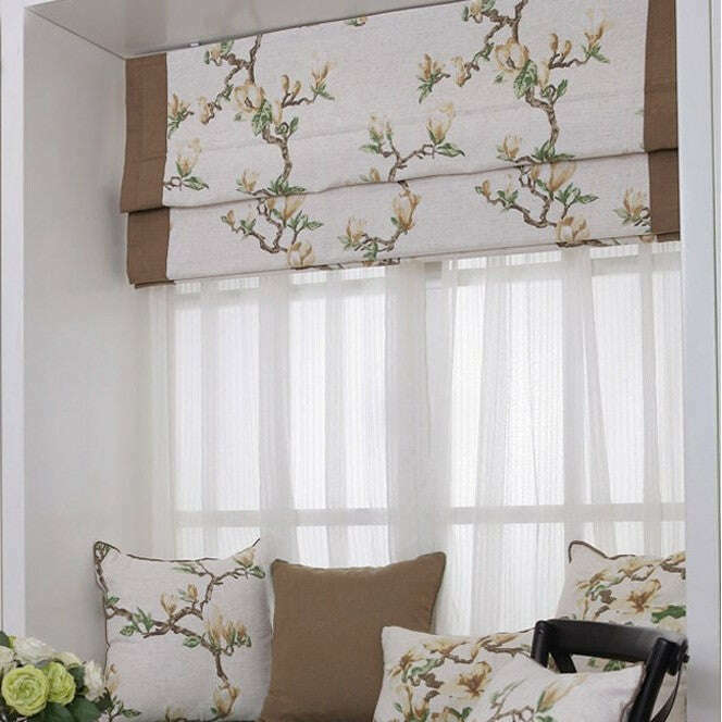 Napa Roman Blinds - White Floral Print Brown Trim