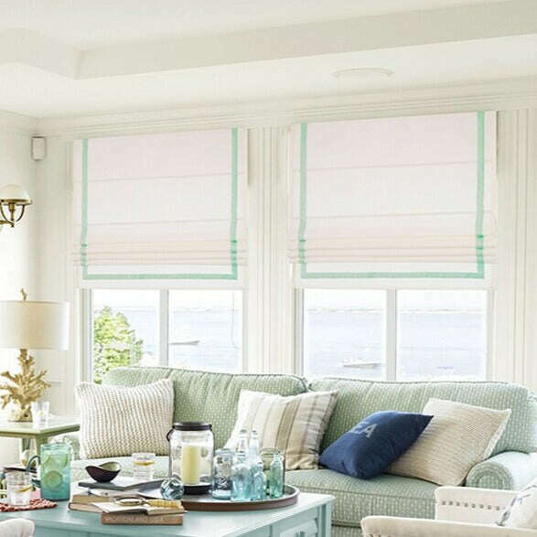 Napa Roman Blinds - White With Aqua Blue Stripe