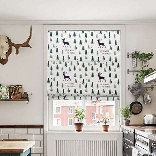 Napa Roman Blinds - White With Christmas Tree Deer Print