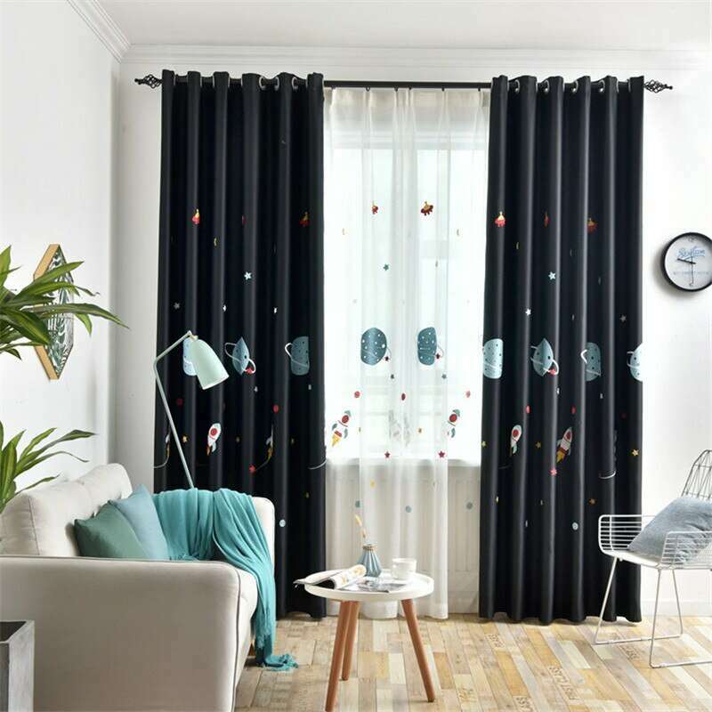 Rémy Cartoon Spaceship Blackout Curtains for Kids - Black