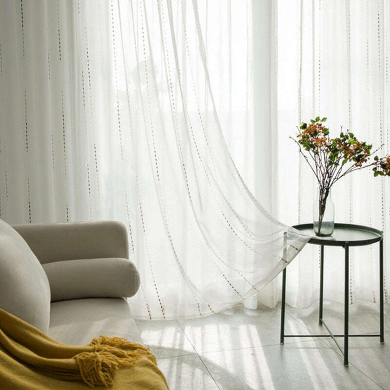 Rémy Colorful String Rain Stitched Sheer Curtains - White