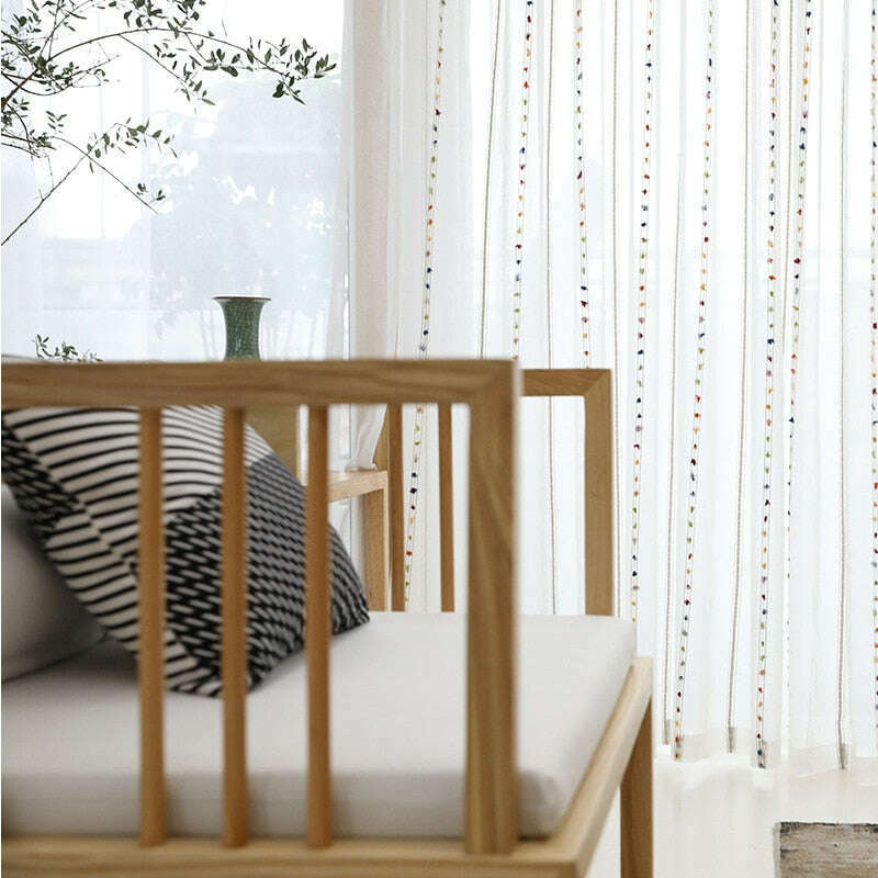 Rémy Colorful String Stitched Sheer Curtains - White