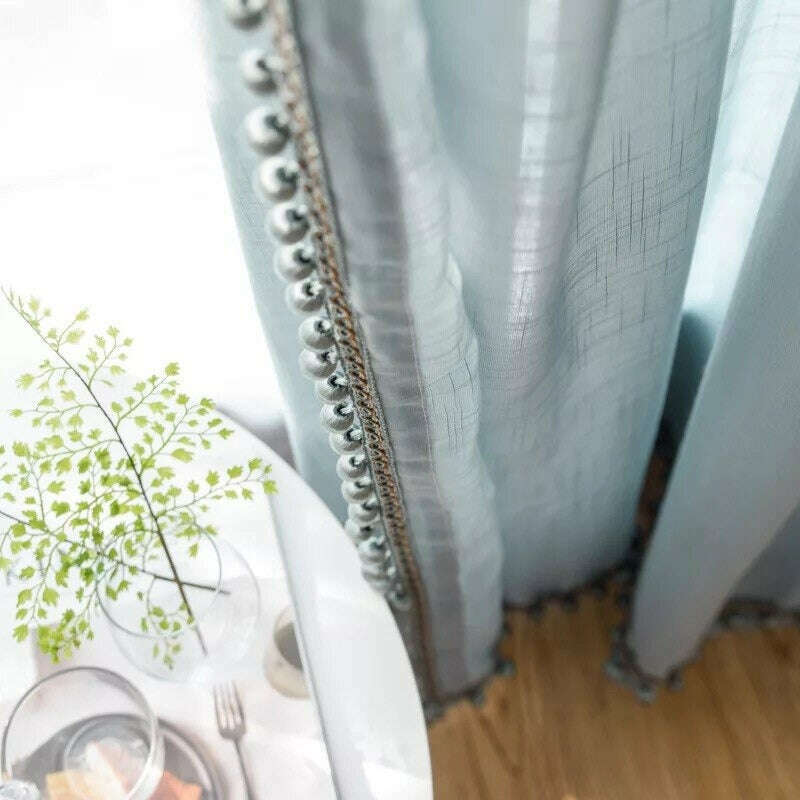 Rémy Linen Semi - Shading Curtain With Pom-Pom Lace - Haze Blue